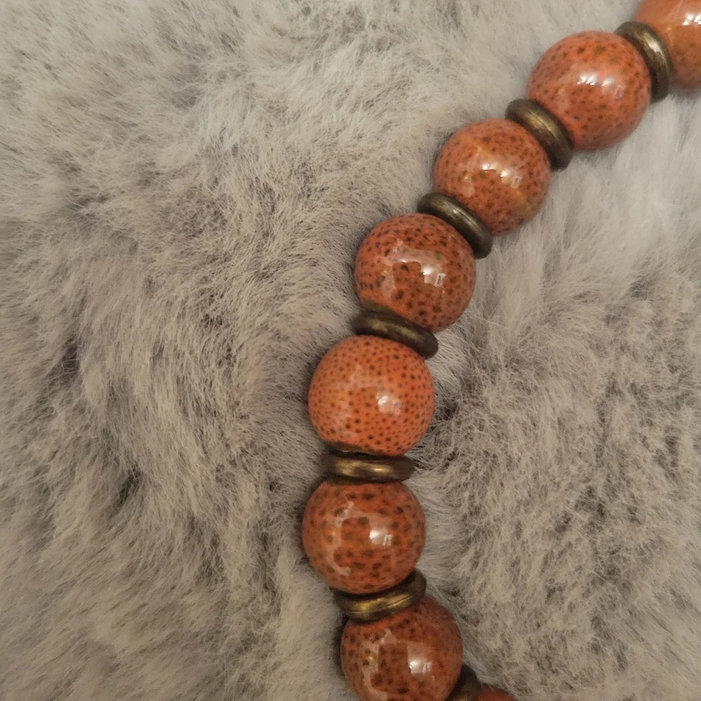 Red Dotted Bead Bracelet with Fringe and Metal Feather G MAN